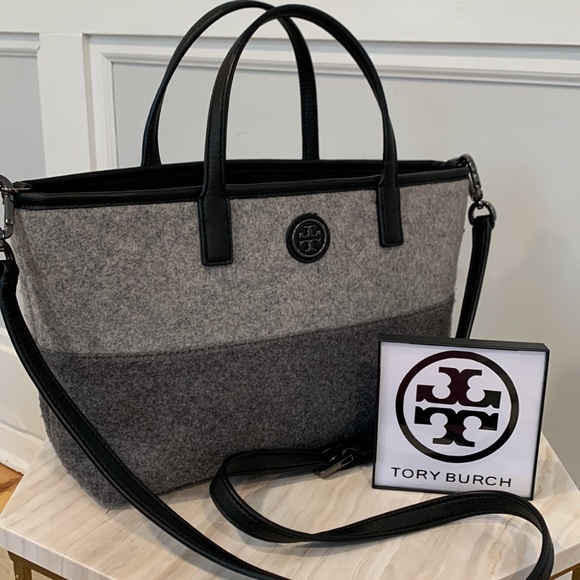 Tory Burch Handbags - Tory Burch Ashley Two-Toned Gray Graphite Felt Crossbody Small Tote Bag